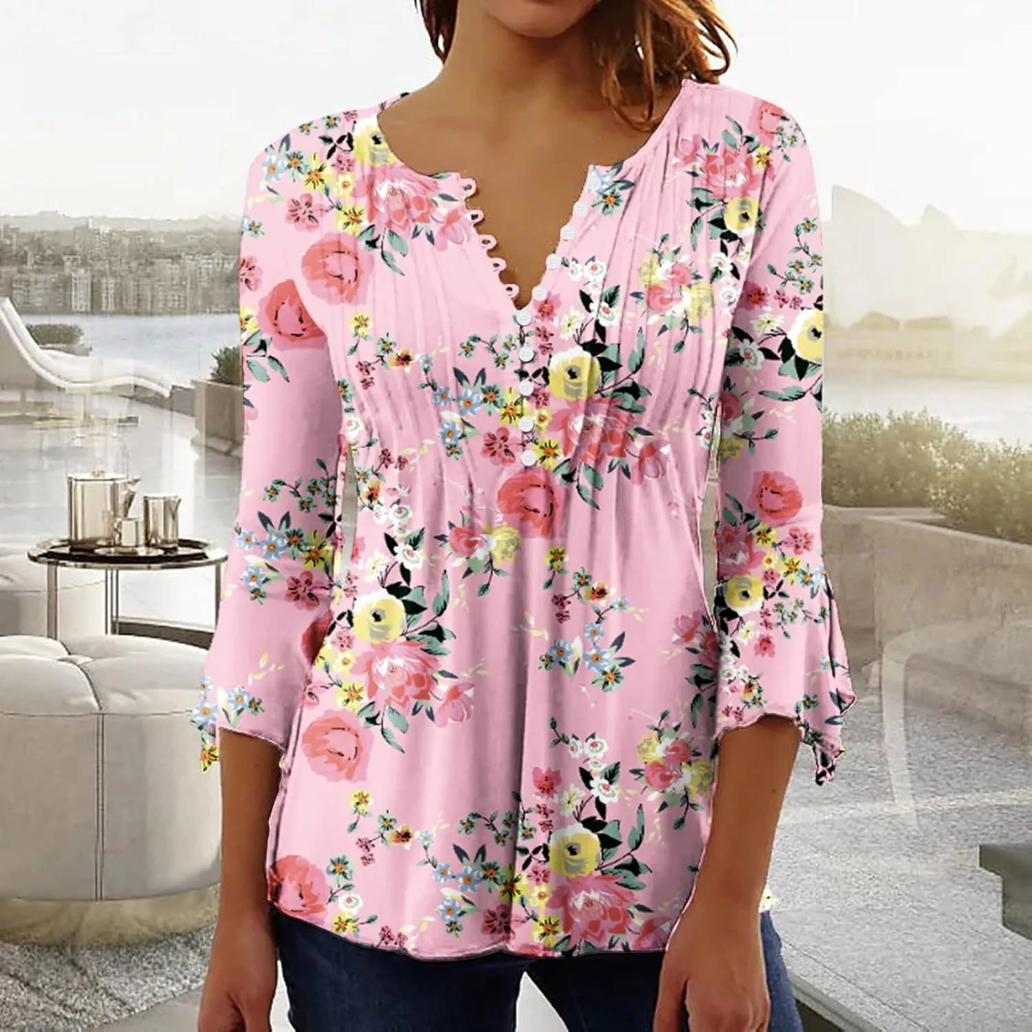 Bohemian Tops for Women Trendy 2023 Sexy Elegant t-Shirt Boho Floral Print 3/4 Bell Sleeve v Neck Shirts Blouse