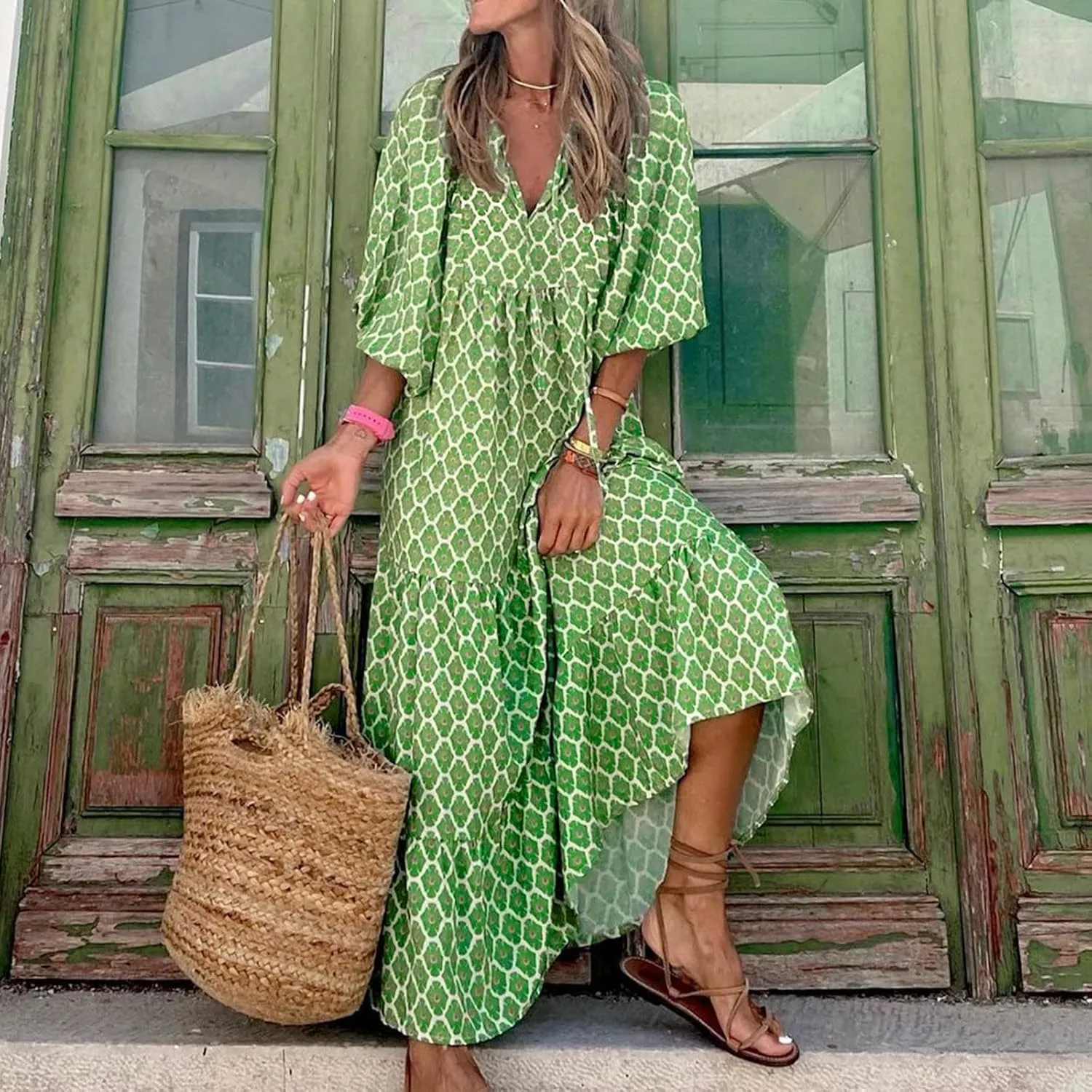 Boho Maxi Dresses for Women 2025 Casual Loose Fit Puff Sleeve Long Bohemian Dress Geometric V Neck Tiered Flowy Dress