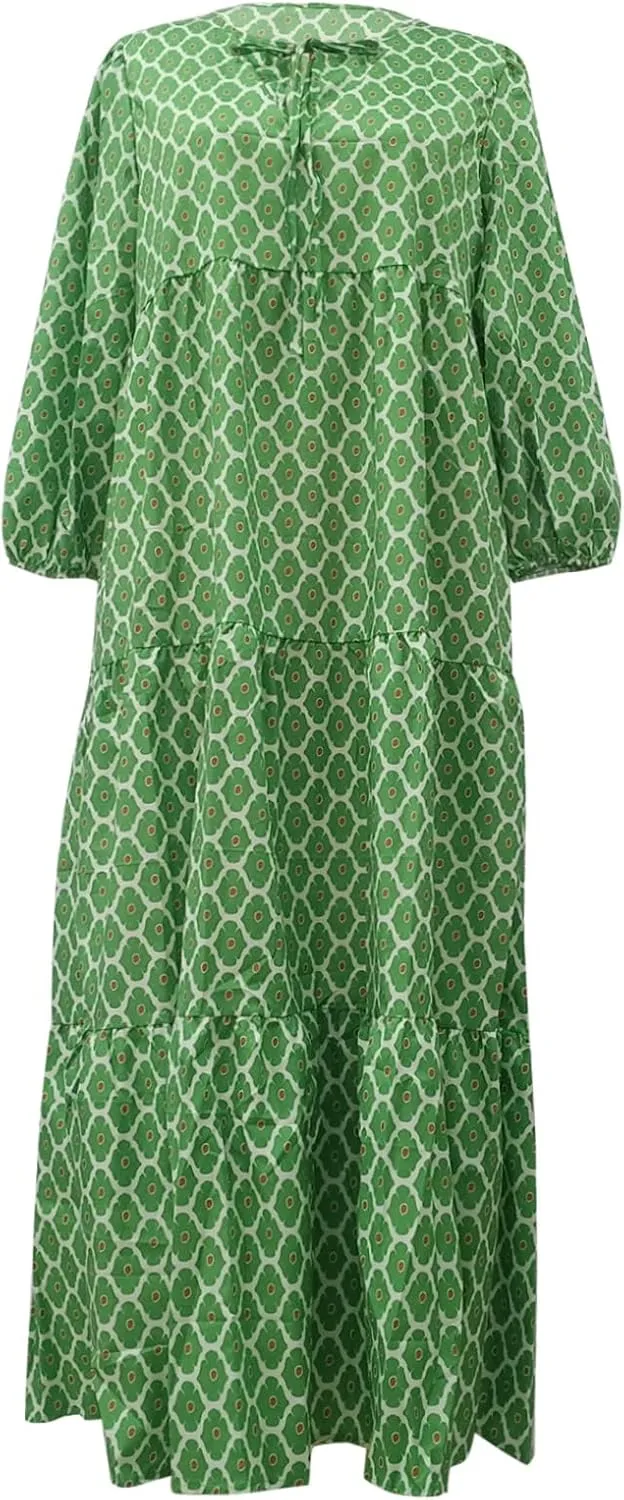 Boho Maxi Dresses for Women 2025 Casual Loose Fit Puff Sleeve Long Bohemian Dress Geometric V Neck Tiered Flowy Dress