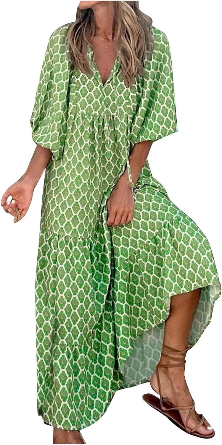 Boho Maxi Dresses for Women 2025 Casual Loose Fit Puff Sleeve Long Bohemian Dress Geometric V Neck Tiered Flowy Dress