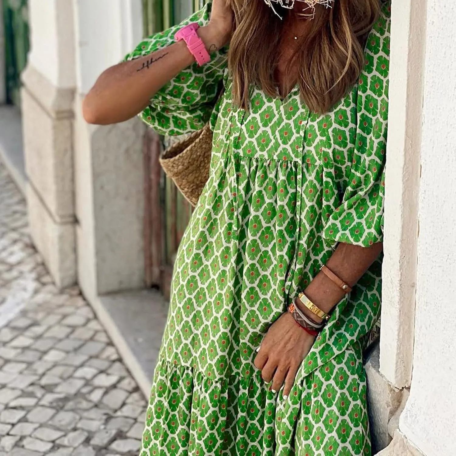 Boho Maxi Dresses for Women 2025 Casual Loose Fit Puff Sleeve Long Bohemian Dress Geometric V Neck Tiered Flowy Dress