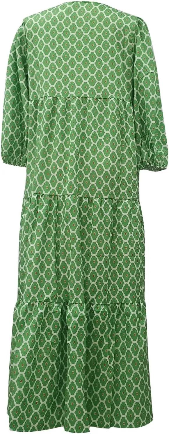 Boho Maxi Dresses for Women 2025 Casual Loose Fit Puff Sleeve Long Bohemian Dress Geometric V Neck Tiered Flowy Dress