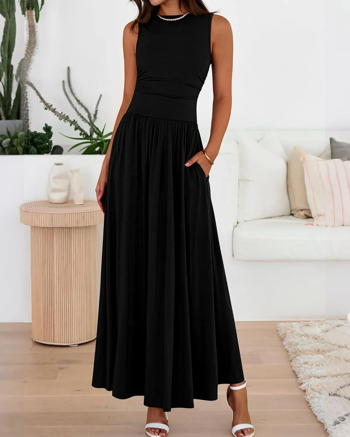 BTFBM Summer Maxi Dresses for Women 2025 Sleeveless Casual Ruched High Waisted Tank Long Sundress Flowy Beach Dress