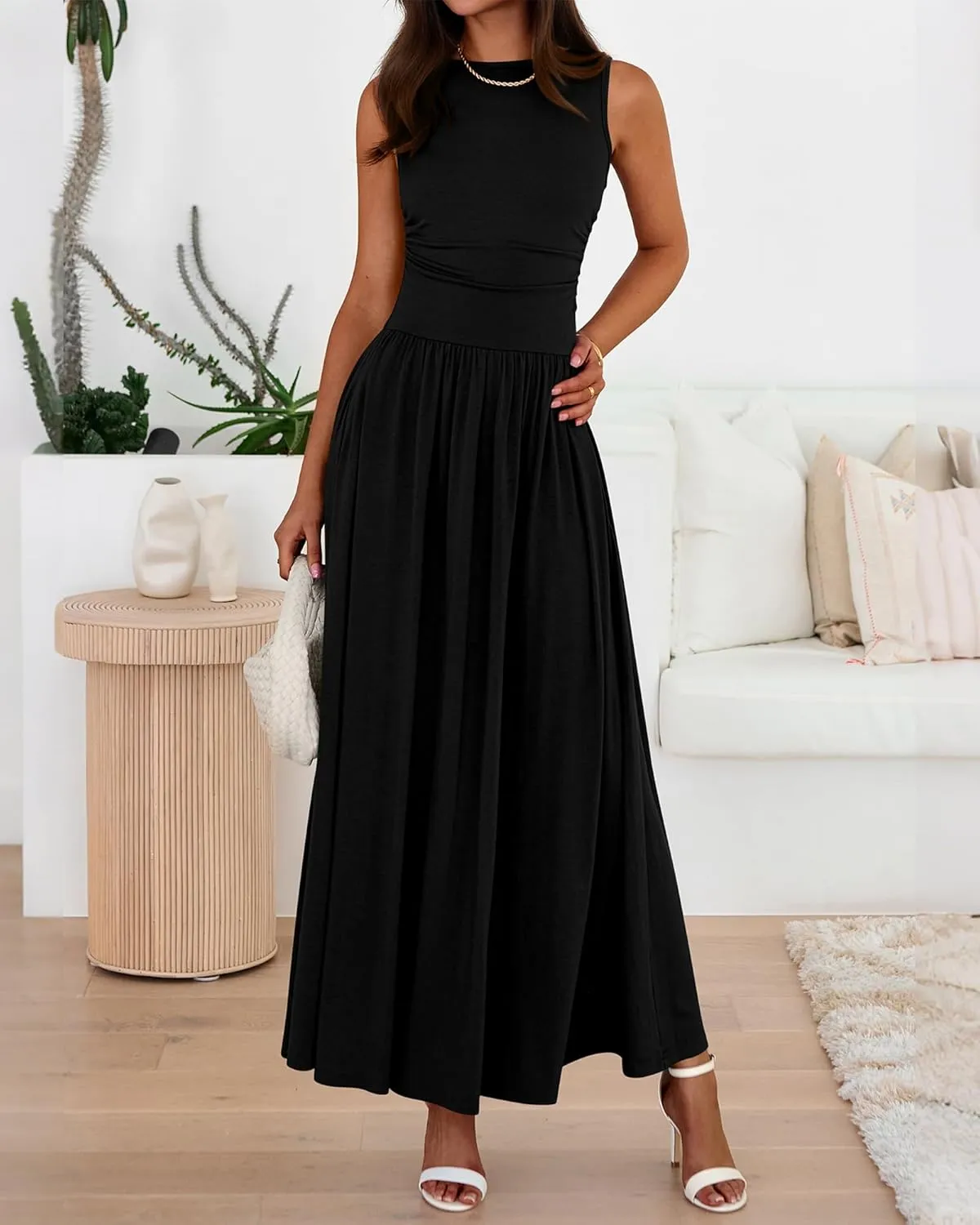 BTFBM Summer Maxi Dresses for Women 2025 Sleeveless Casual Ruched High Waisted Tank Long Sundress Flowy Beach Dress