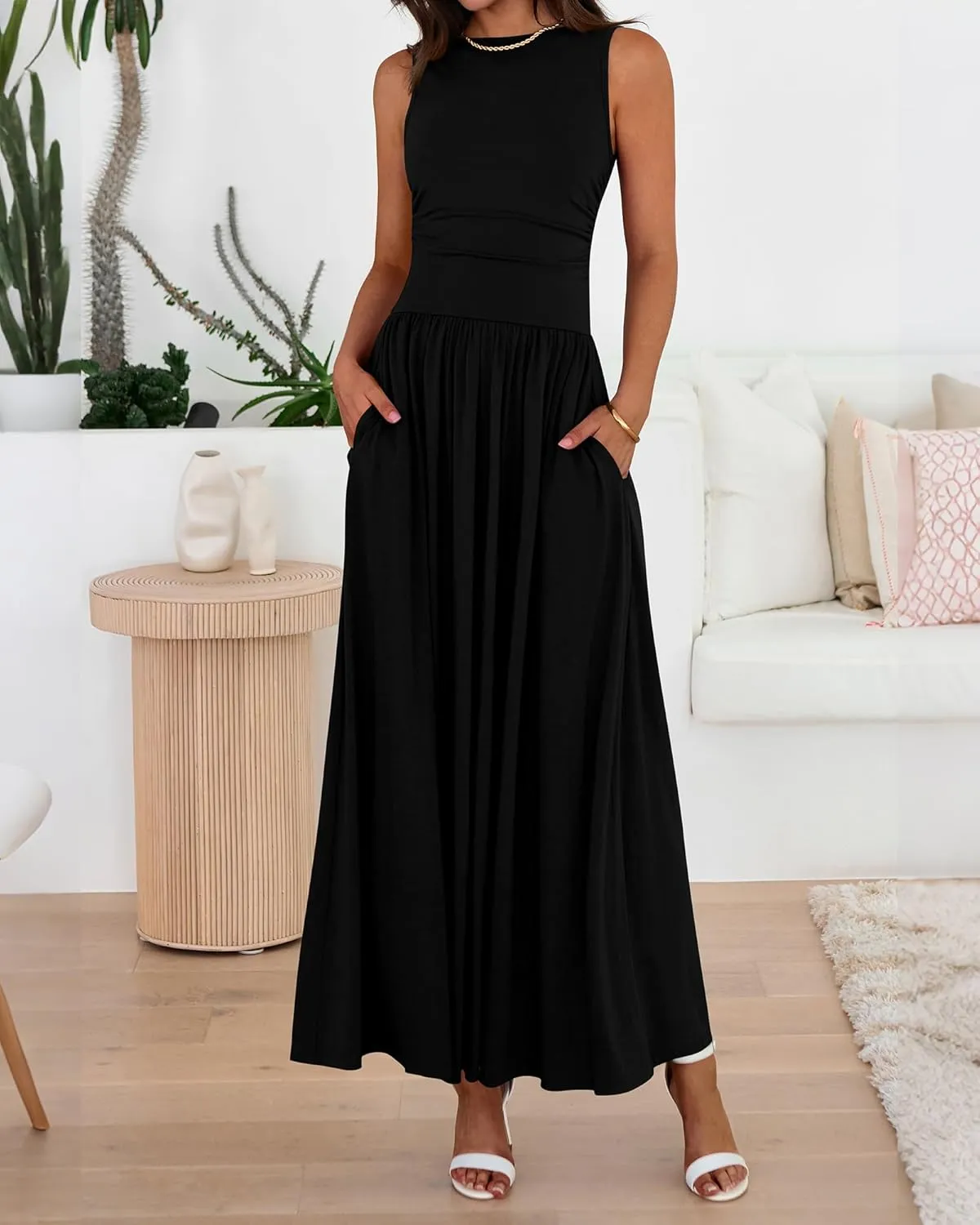 BTFBM Summer Maxi Dresses for Women 2025 Sleeveless Casual Ruched High Waisted Tank Long Sundress Flowy Beach Dress