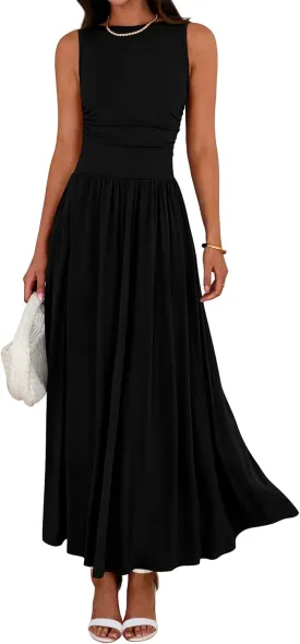BTFBM Summer Maxi Dresses for Women 2025 Sleeveless Casual Ruched High Waisted Tank Long Sundress Flowy Beach Dress