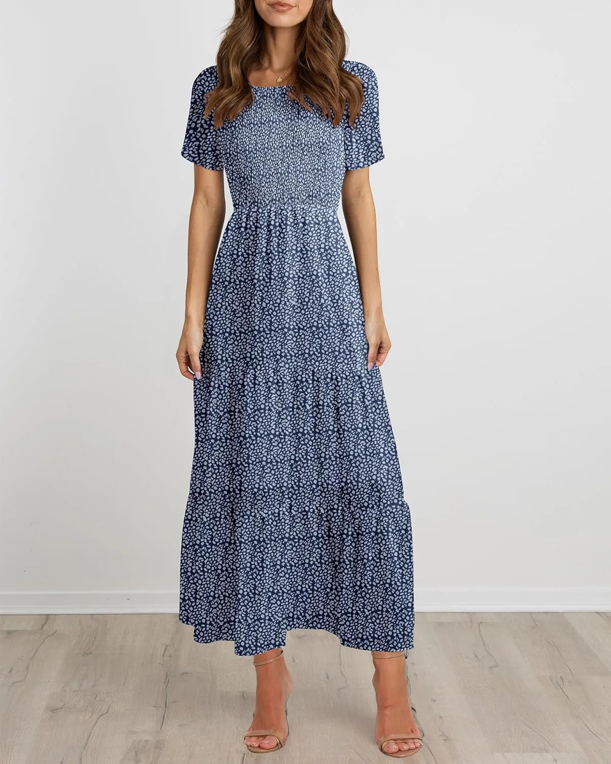 BTFBM Women Casual Short Sleeve Crew Neck Summer Dress Bohemian Floral Printed Flowy Maxi Dresses Tiered Cocktail Dress