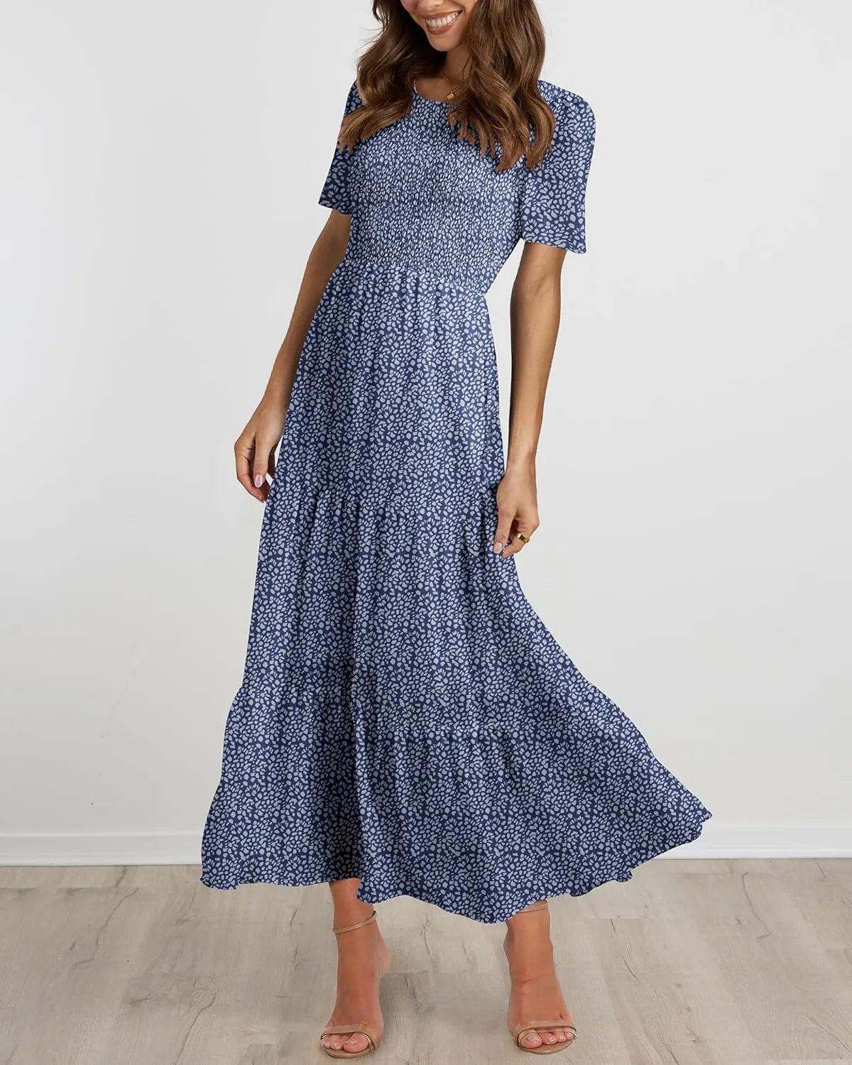 BTFBM Women Casual Short Sleeve Crew Neck Summer Dress Bohemian Floral Printed Flowy Maxi Dresses Tiered Cocktail Dress