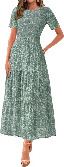 BTFBM Women Casual Short Sleeve Crew Neck Summer Dress Bohemian Floral Printed Flowy Maxi Dresses Tiered Cocktail Dress