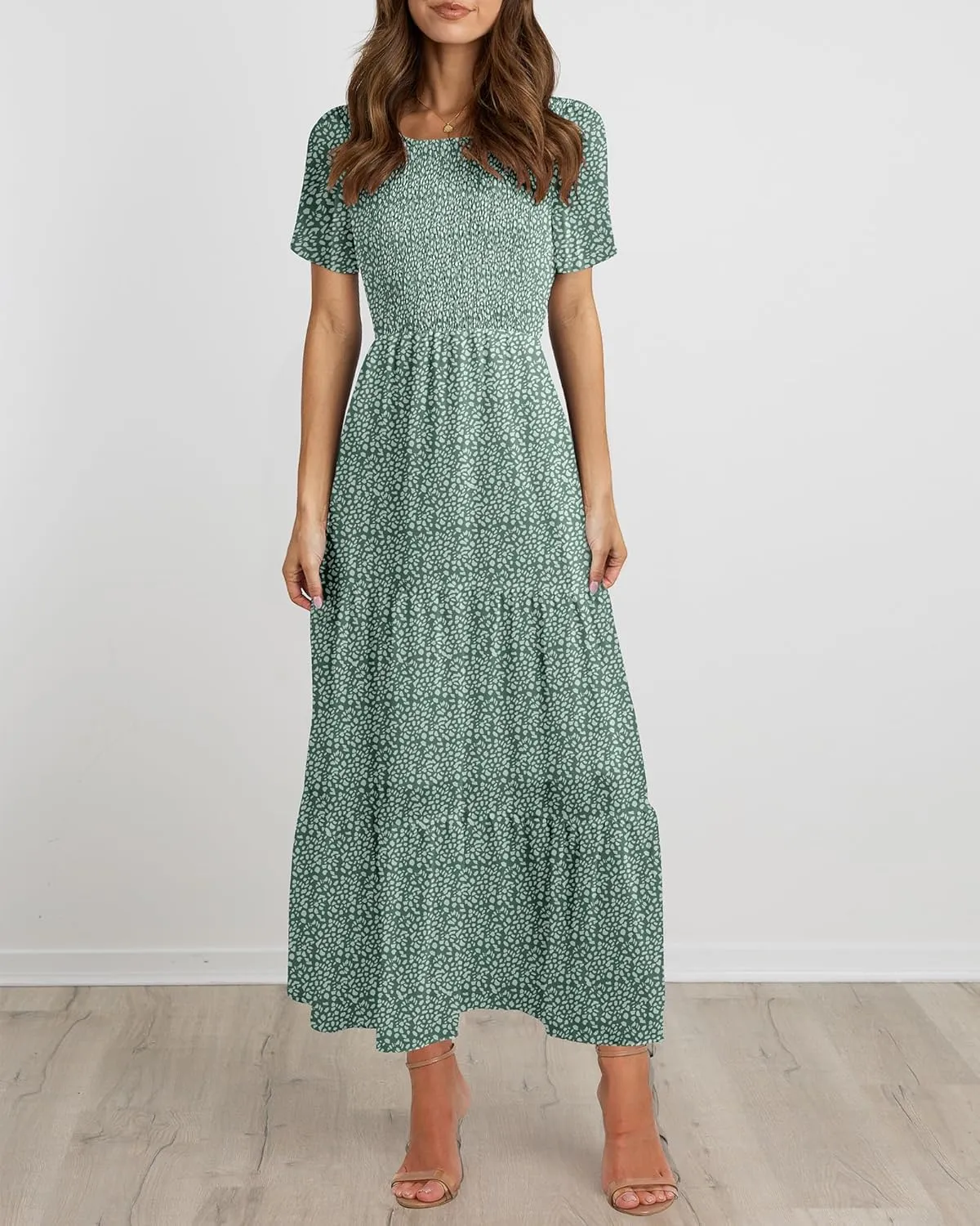 BTFBM Women Casual Short Sleeve Crew Neck Summer Dress Bohemian Floral Printed Flowy Maxi Dresses Tiered Cocktail Dress