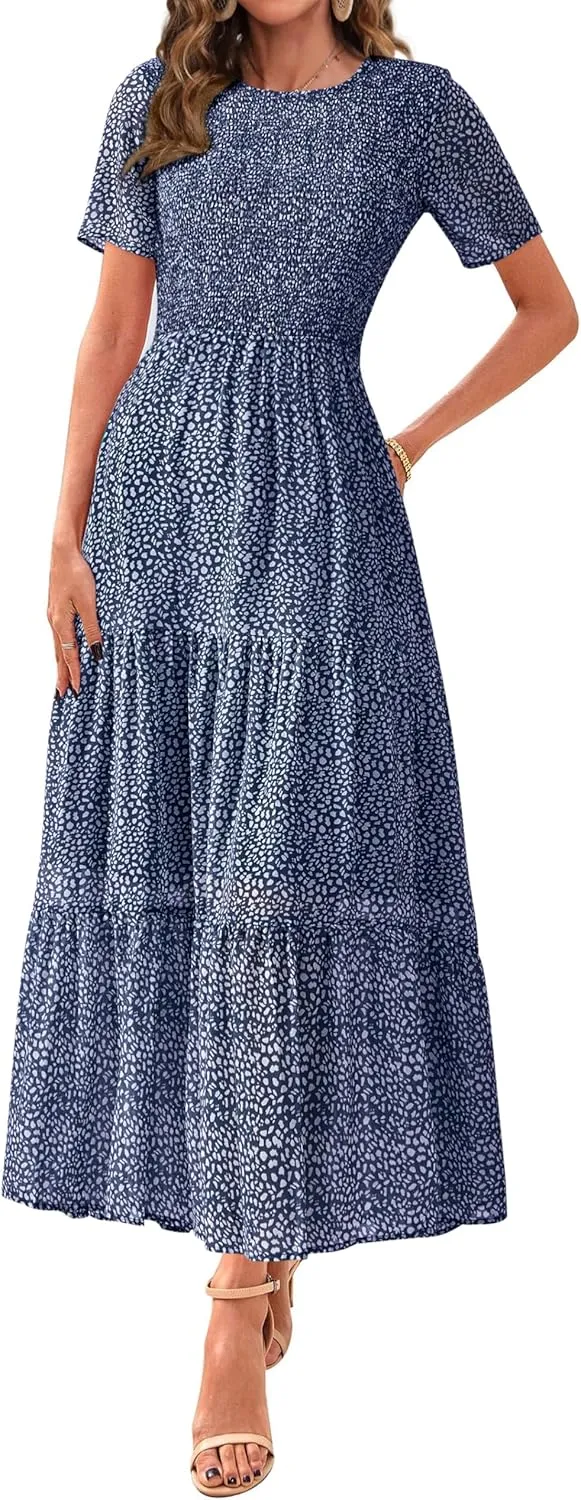 BTFBM Women Casual Short Sleeve Crew Neck Summer Dress Bohemian Floral Printed Flowy Maxi Dresses Tiered Cocktail Dress