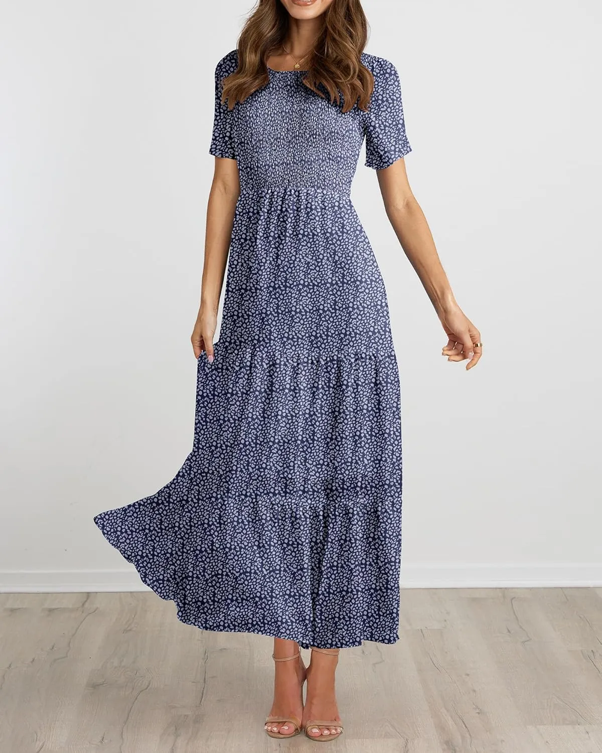 BTFBM Women Casual Short Sleeve Crew Neck Summer Dress Bohemian Floral Printed Flowy Maxi Dresses Tiered Cocktail Dress