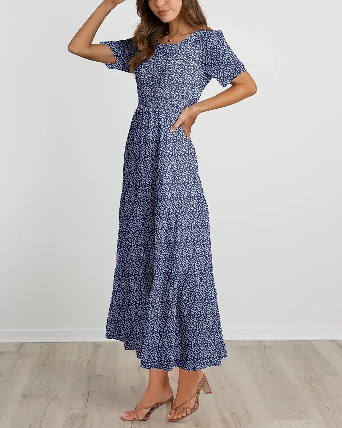 BTFBM Women Casual Short Sleeve Crew Neck Summer Dress Bohemian Floral Printed Flowy Maxi Dresses Tiered Cocktail Dress
