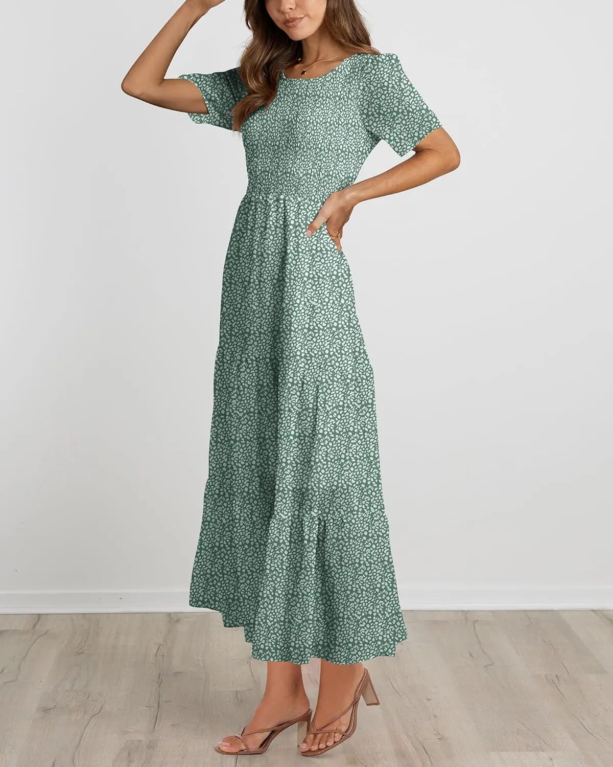 BTFBM Women Casual Short Sleeve Crew Neck Summer Dress Bohemian Floral Printed Flowy Maxi Dresses Tiered Cocktail Dress
