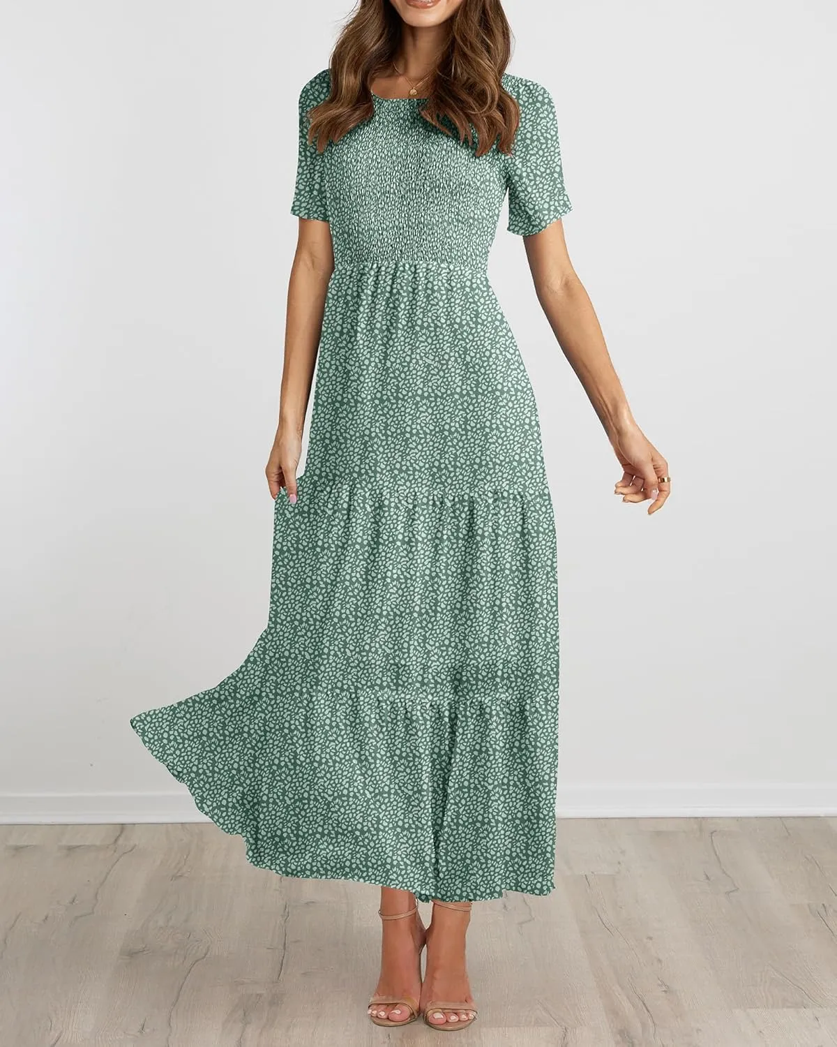 BTFBM Women Casual Short Sleeve Crew Neck Summer Dress Bohemian Floral Printed Flowy Maxi Dresses Tiered Cocktail Dress