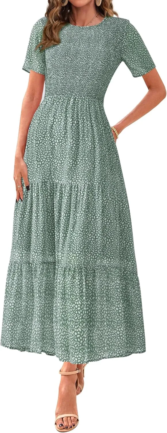 BTFBM Women Casual Short Sleeve Crew Neck Summer Dress Bohemian Floral Printed Flowy Maxi Dresses Tiered Cocktail Dress