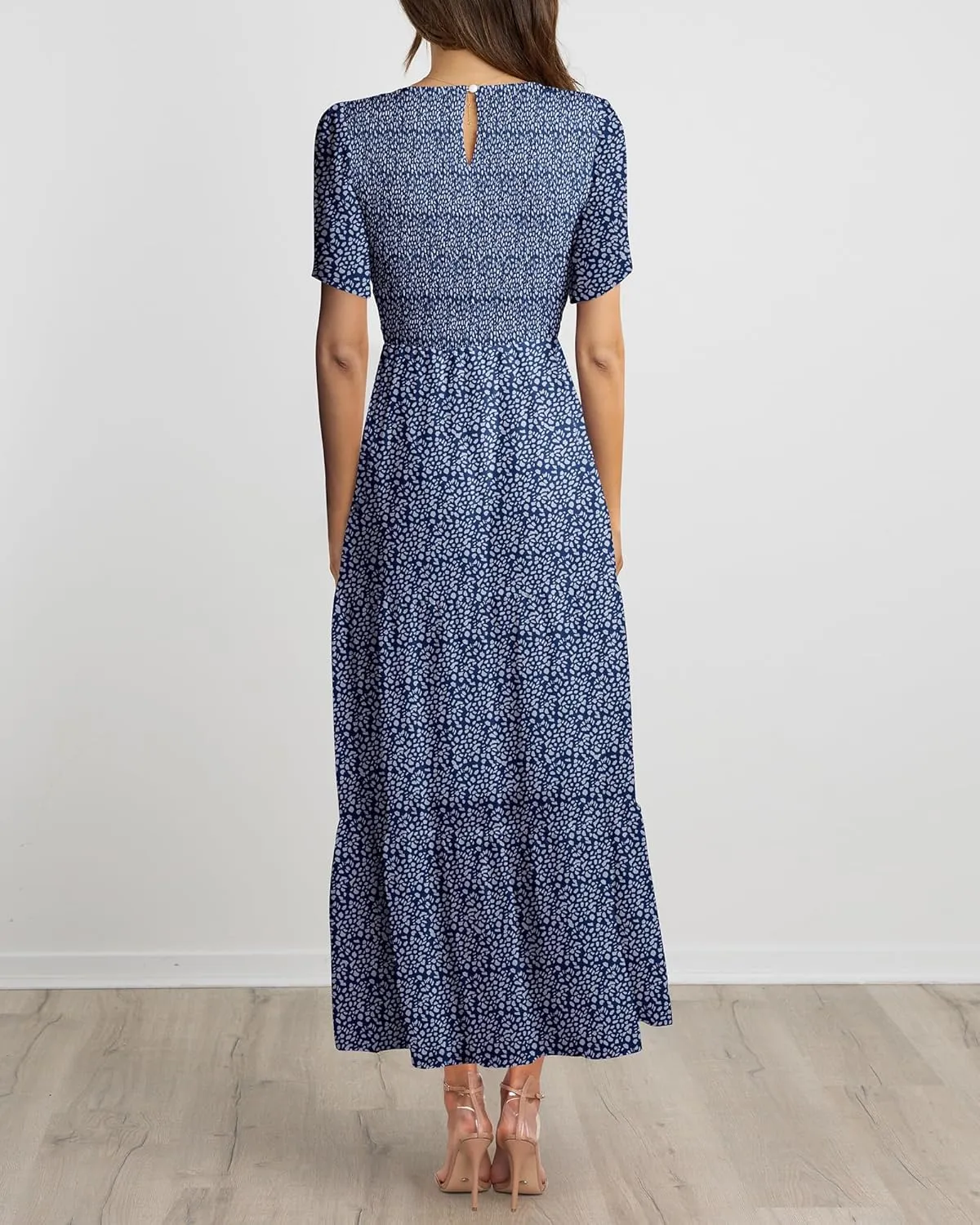 BTFBM Women Casual Short Sleeve Crew Neck Summer Dress Bohemian Floral Printed Flowy Maxi Dresses Tiered Cocktail Dress