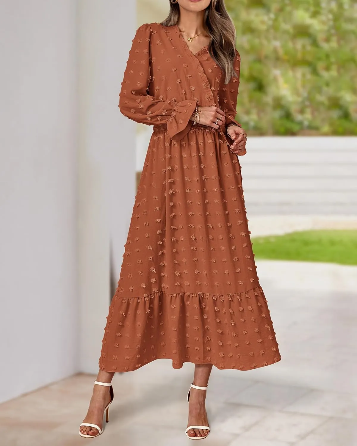 BTFBM Women Spring Dresses 2025 Long Sleeve V Neck Swiss Dots Maxi Dress Boho Long Dress High Waisted A-Line Ruffle Dress
