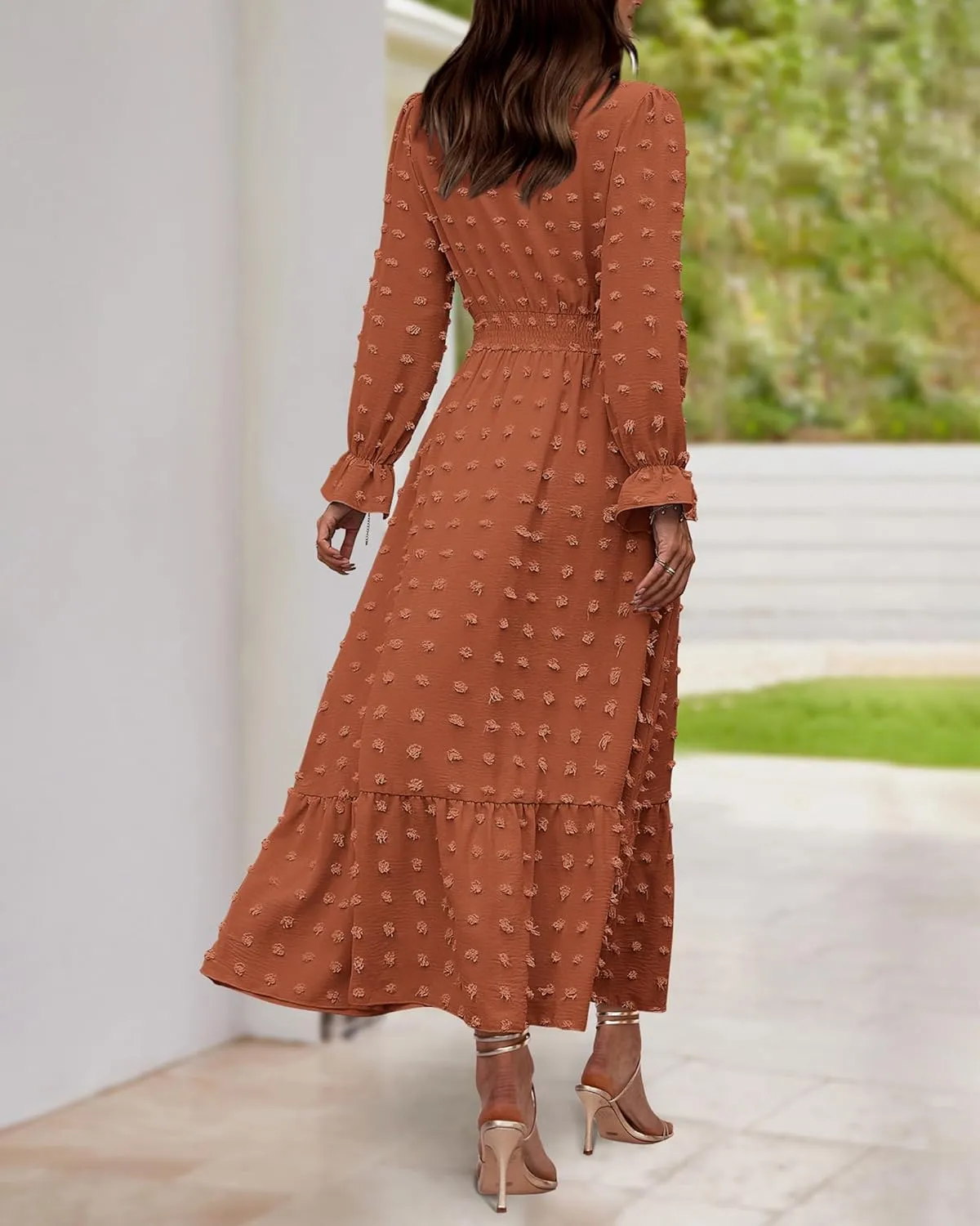 BTFBM Women Spring Dresses 2025 Long Sleeve V Neck Swiss Dots Maxi Dress Boho Long Dress High Waisted A-Line Ruffle Dress