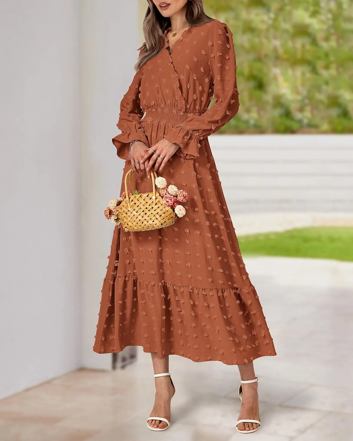 BTFBM Women Spring Dresses 2025 Long Sleeve V Neck Swiss Dots Maxi Dress Boho Long Dress High Waisted A-Line Ruffle Dress
