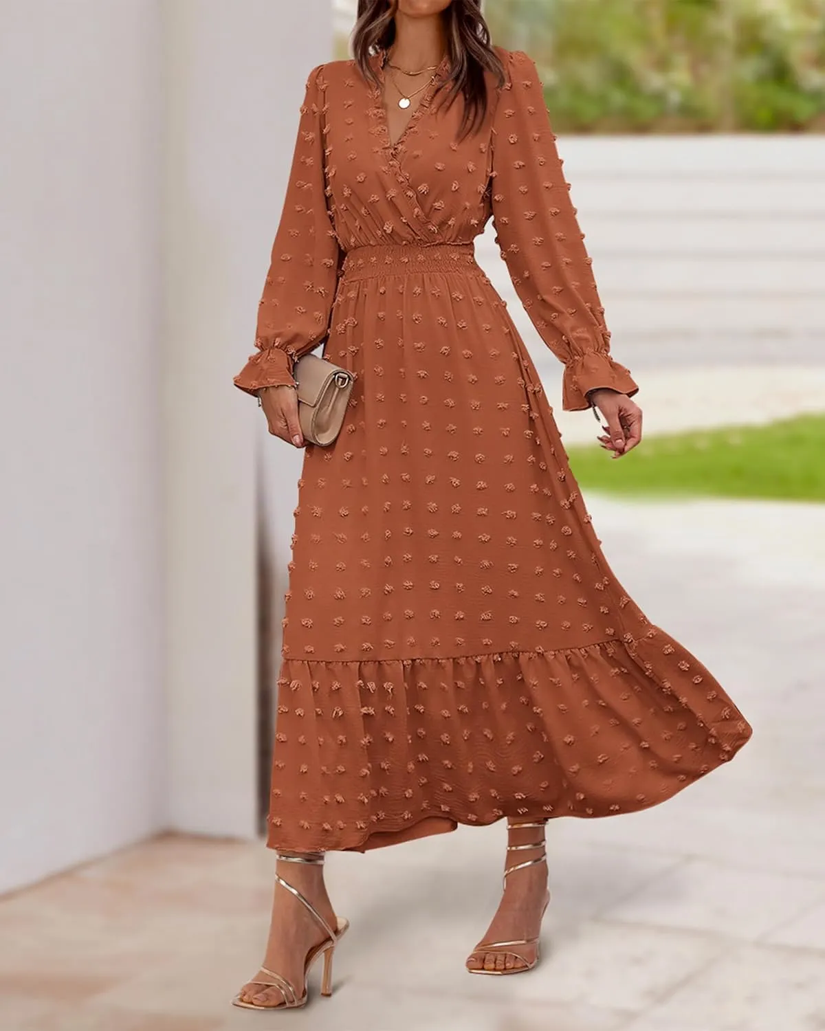 BTFBM Women Spring Dresses 2025 Long Sleeve V Neck Swiss Dots Maxi Dress Boho Long Dress High Waisted A-Line Ruffle Dress