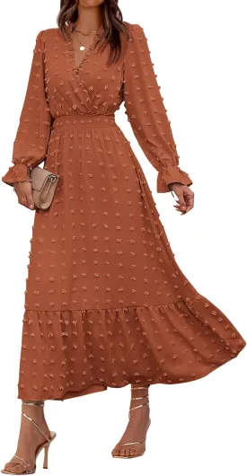 BTFBM Women Spring Dresses 2025 Long Sleeve V Neck Swiss Dots Maxi Dress Boho Long Dress High Waisted A-Line Ruffle Dress