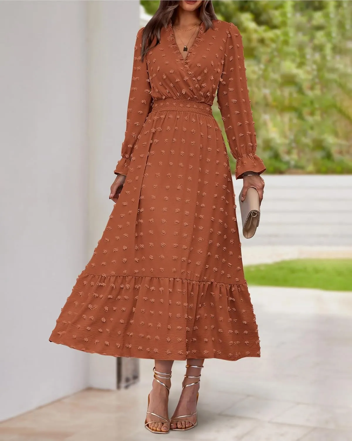BTFBM Women Spring Dresses 2025 Long Sleeve V Neck Swiss Dots Maxi Dress Boho Long Dress High Waisted A-Line Ruffle Dress