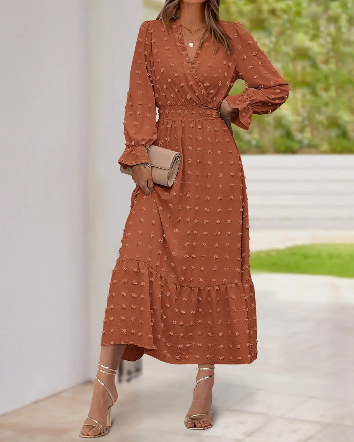 BTFBM Women Spring Dresses 2025 Long Sleeve V Neck Swiss Dots Maxi Dress Boho Long Dress High Waisted A-Line Ruffle Dress