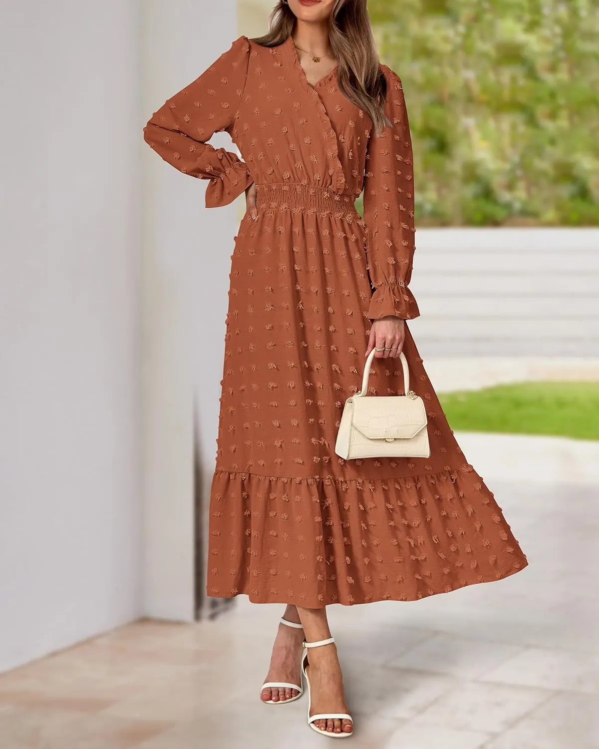 BTFBM Women Spring Dresses 2025 Long Sleeve V Neck Swiss Dots Maxi Dress Boho Long Dress High Waisted A-Line Ruffle Dress