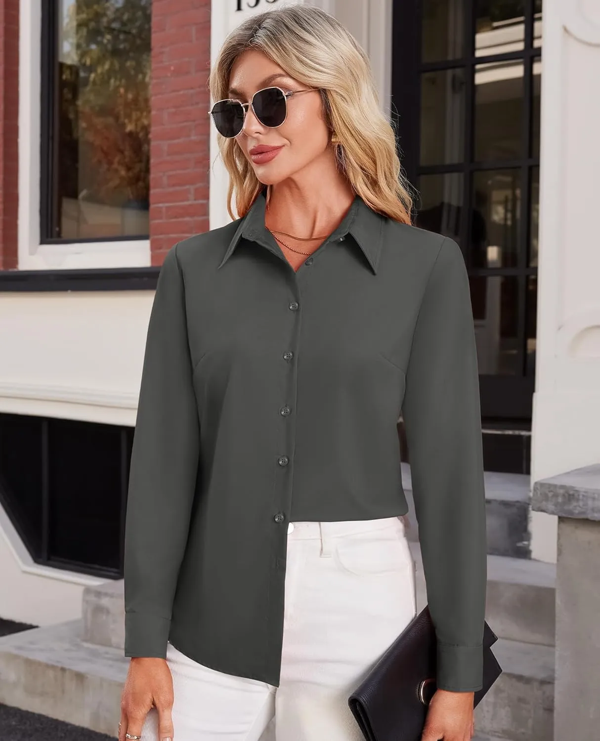 Button Down Shirts for Women Business Casual Blouses Long Sleeve Fit Dress Shirt Collar Wrinkle Free Work Tops