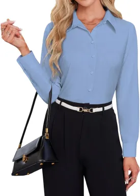 Button Down Shirts for Women Business Casual Blouses Long Sleeve Fit Dress Shirt Collar Wrinkle Free Work Tops
