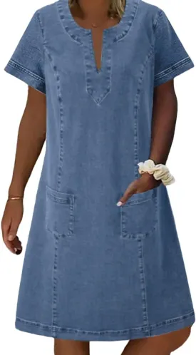 CHARTOU Women Denim Dress Short Sleeve Mini Jean Dress Jumper Babydoll Summer Shift Dress