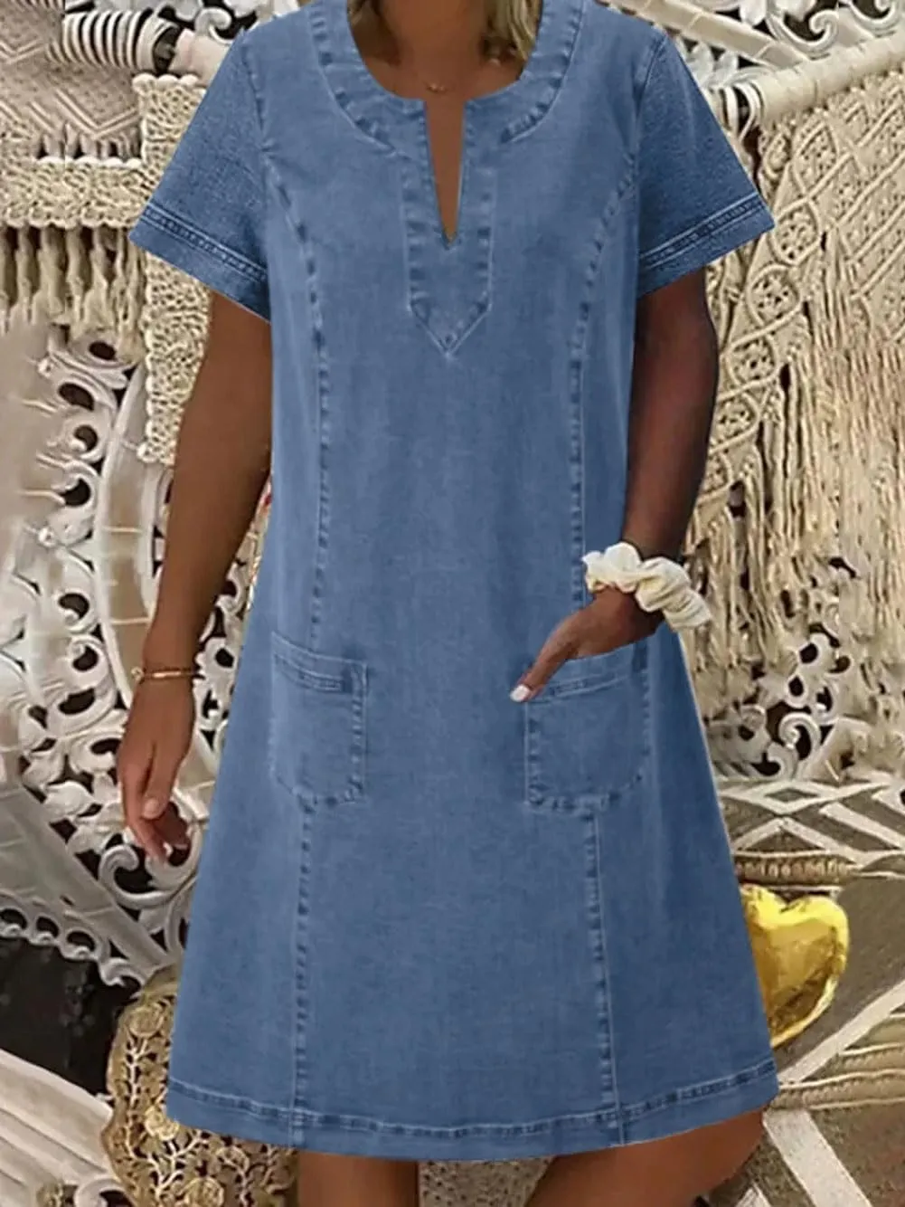 CHARTOU Women Denim Dress Short Sleeve Mini Jean Dress Jumper Babydoll Summer Shift Dress