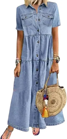 CHARTOU Women Short Sleeve Denim Maxi Dress Long Jean Dress Flowy Button Down Shirt Tiered Dress Summer Sundress