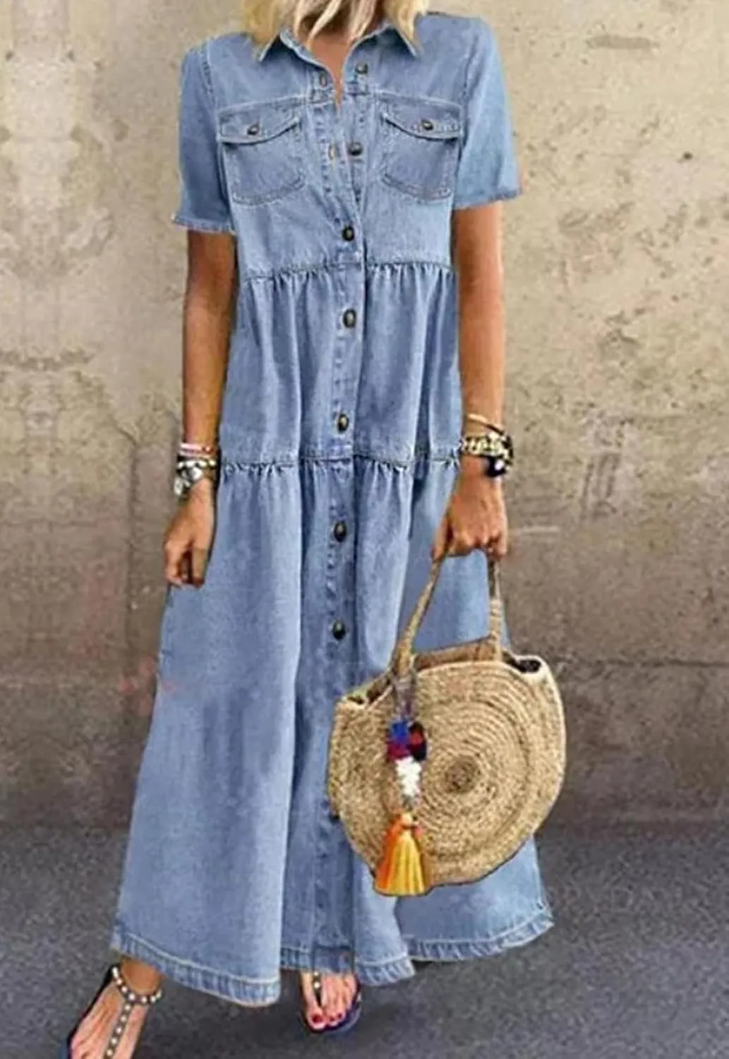 CHARTOU Women Short Sleeve Denim Maxi Dress Long Jean Dress Flowy Button Down Shirt Tiered Dress Summer Sundress
