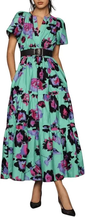 CHARTOU Women's Flowy Boho Long Stretch Short Sleeve High Waist Smock A Line Tiered Dress