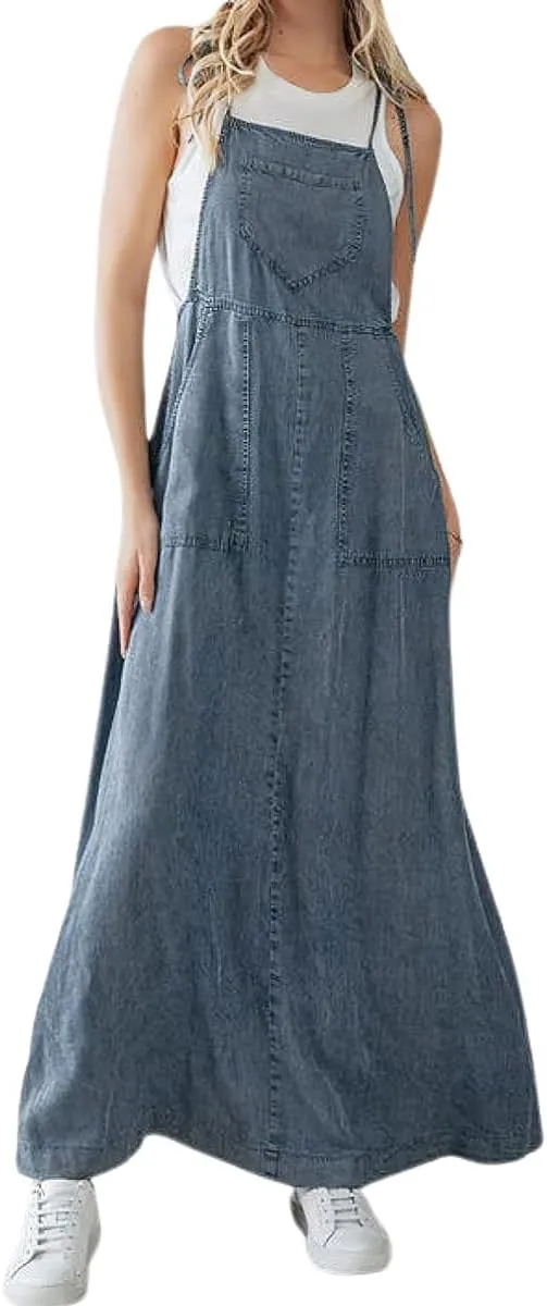 chouyatou Women's 2025 Summer Spaghetti Strap Maxi Long Denim Dress Swing Flowy Jean Jumper Overall Dress