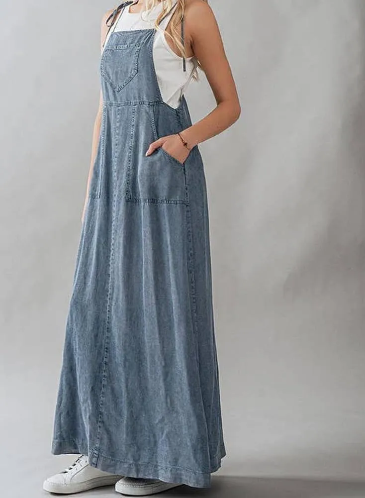 chouyatou Women's 2025 Summer Spaghetti Strap Maxi Long Denim Dress Swing Flowy Jean Jumper Overall Dress