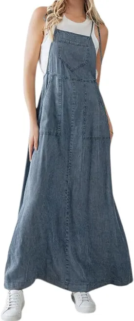 chouyatou Women's 2025 Summer Spaghetti Strap Maxi Long Denim Dress Swing Flowy Jean Jumper Overall Dress