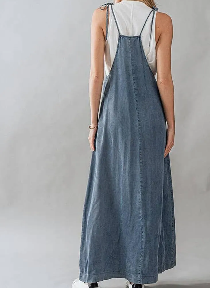 chouyatou Women's 2025 Summer Spaghetti Strap Maxi Long Denim Dress Swing Flowy Jean Jumper Overall Dress