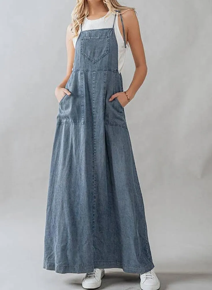 chouyatou Women's 2025 Summer Spaghetti Strap Maxi Long Denim Dress Swing Flowy Jean Jumper Overall Dress