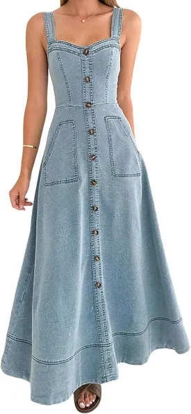 chouyatou Women's Adjustable Strap Midi Long Denim Dress 2025 Button Down A-Line Swing Flowy Jean Dress