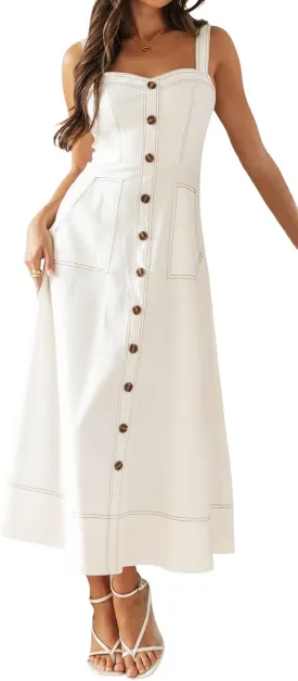 chouyatou Women's Adjustable Strap Midi Long Denim Dress 2025 Button Down A-Line Swing Flowy Jean Dress