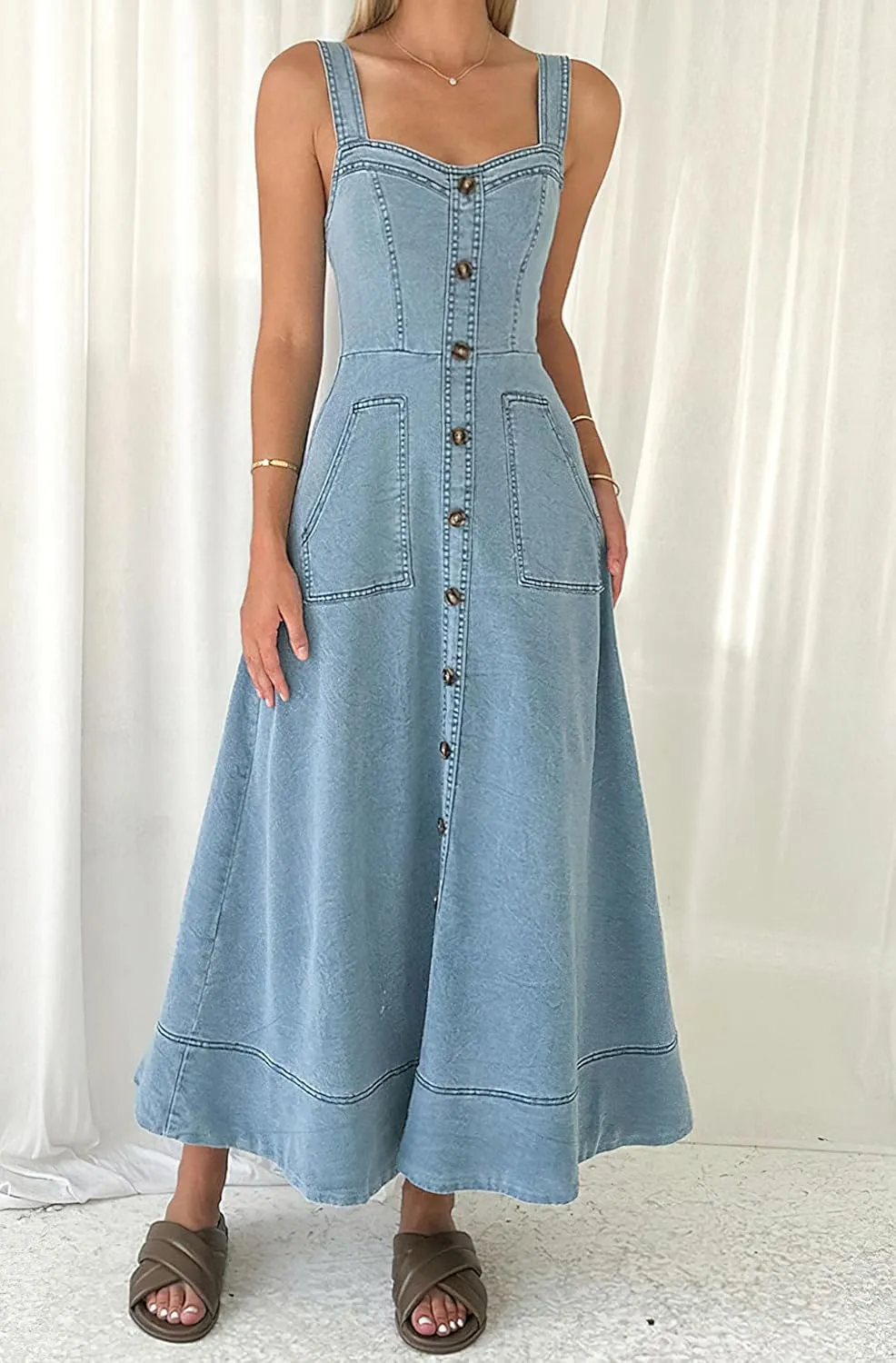 chouyatou Women's Adjustable Strap Midi Long Denim Dress 2025 Button Down A-Line Swing Flowy Jean Dress