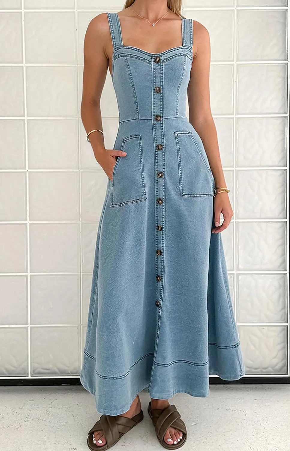 chouyatou Women's Adjustable Strap Midi Long Denim Dress 2025 Button Down A-Line Swing Flowy Jean Dress