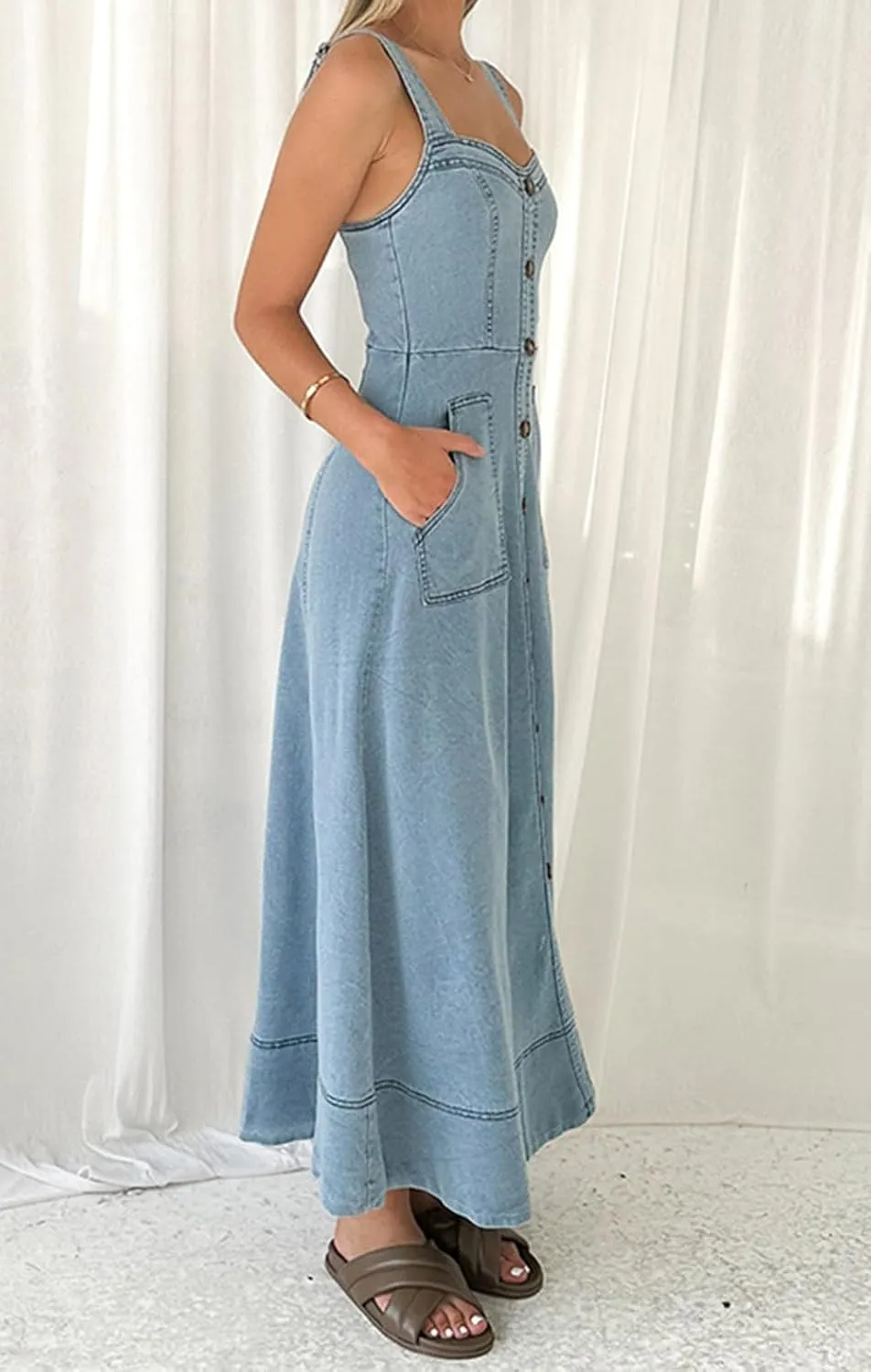 chouyatou Women's Adjustable Strap Midi Long Denim Dress 2025 Button Down A-Line Swing Flowy Jean Dress