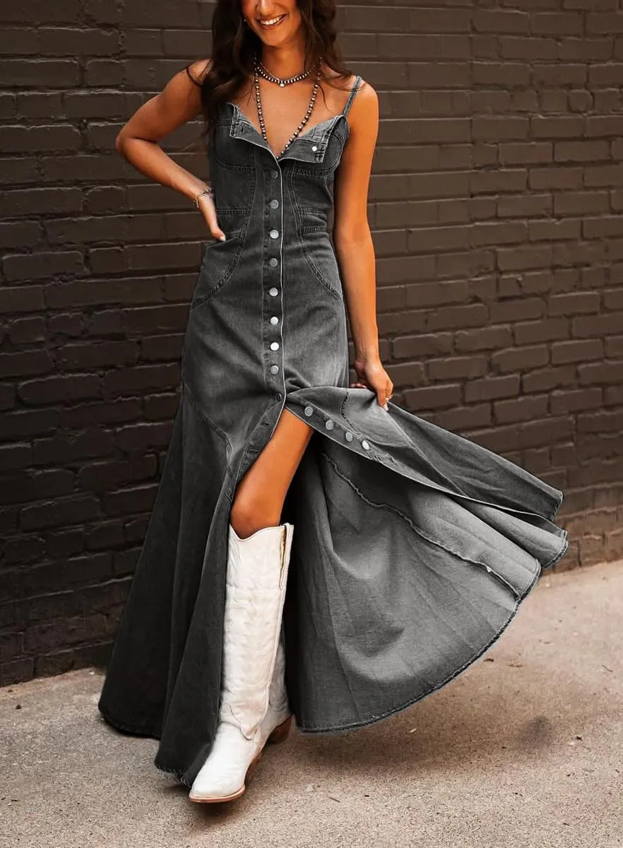chouyatou Women's Spaghetti Strap Smocked Back Denim Dress Button Down A-Line Swing Flowy Maxi Jean Dress