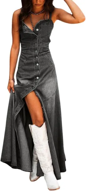 chouyatou Women's Spaghetti Strap Smocked Back Denim Dress Button Down A-Line Swing Flowy Maxi Jean Dress
