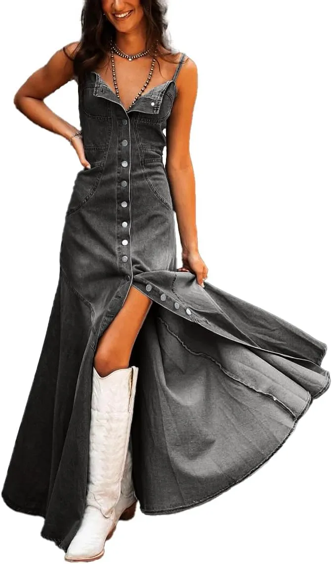 chouyatou Women's Spaghetti Strap Smocked Back Denim Dress Button Down A-Line Swing Flowy Maxi Jean Dress