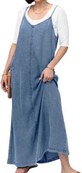chouyatou Women's Summer Spaghetti Strap Denim Dress A-Line Overall Dress Flowy Swing Maxi Long Jean Dress